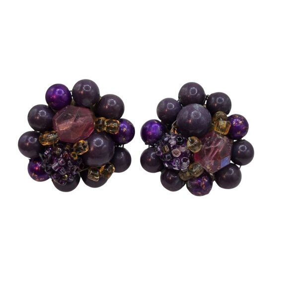 Vintage Purple Cluster Clip-On Earrings W/ Beaded Design & Faceted Accents - Picture 2 of 2